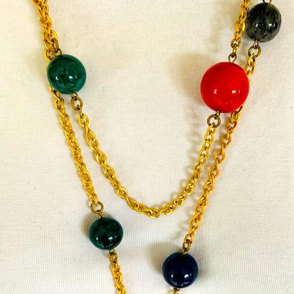 Gold tone chain necklace with bright colored balls - Picture 5 of 12